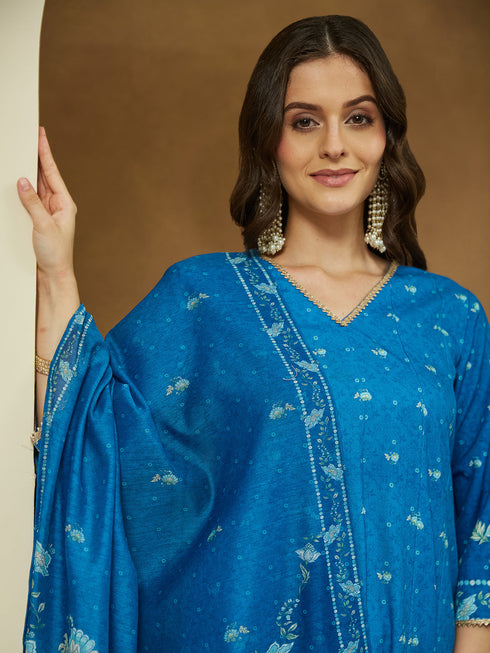 Janasya Women's Blue Cotton Blend Floral Printed Anarkali Kurta Set